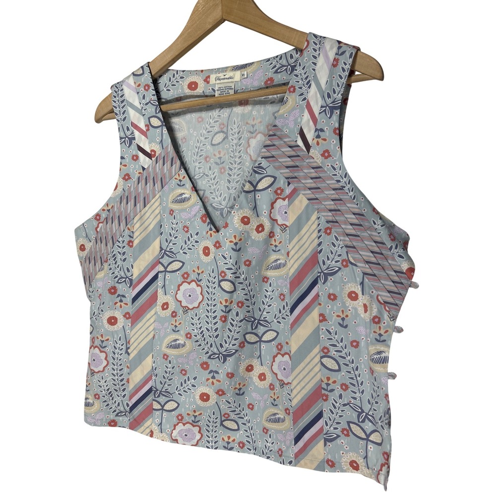 Faconnable Womens XL Blue Floral Striped Patchwork V-Neck Side Button Cotton Top